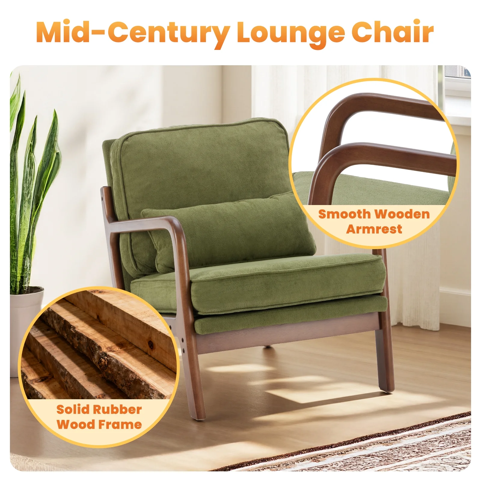 Green lounge chair with wooden armrests in a room setting