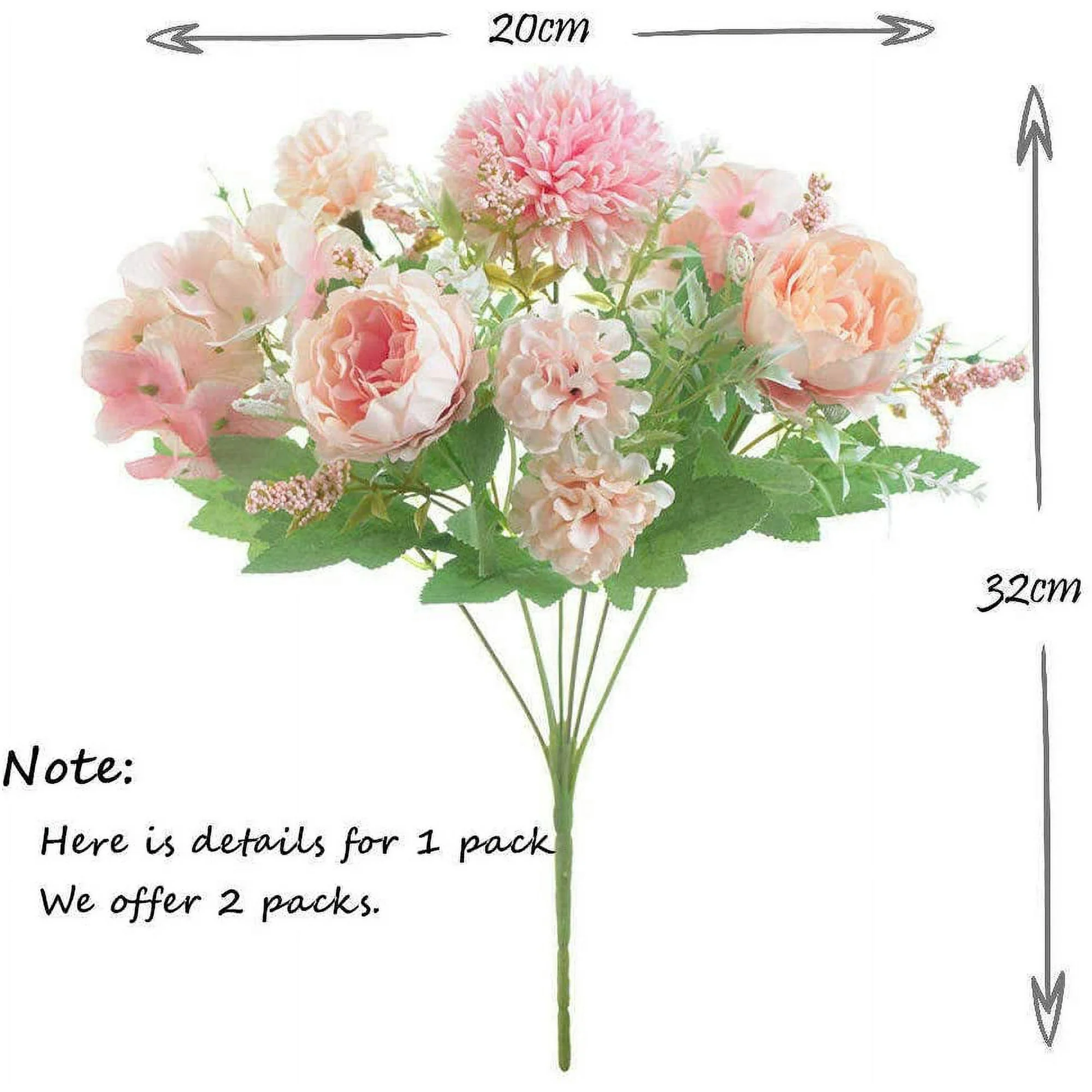 Bouquet of pink and white flowers with measurements on a white background