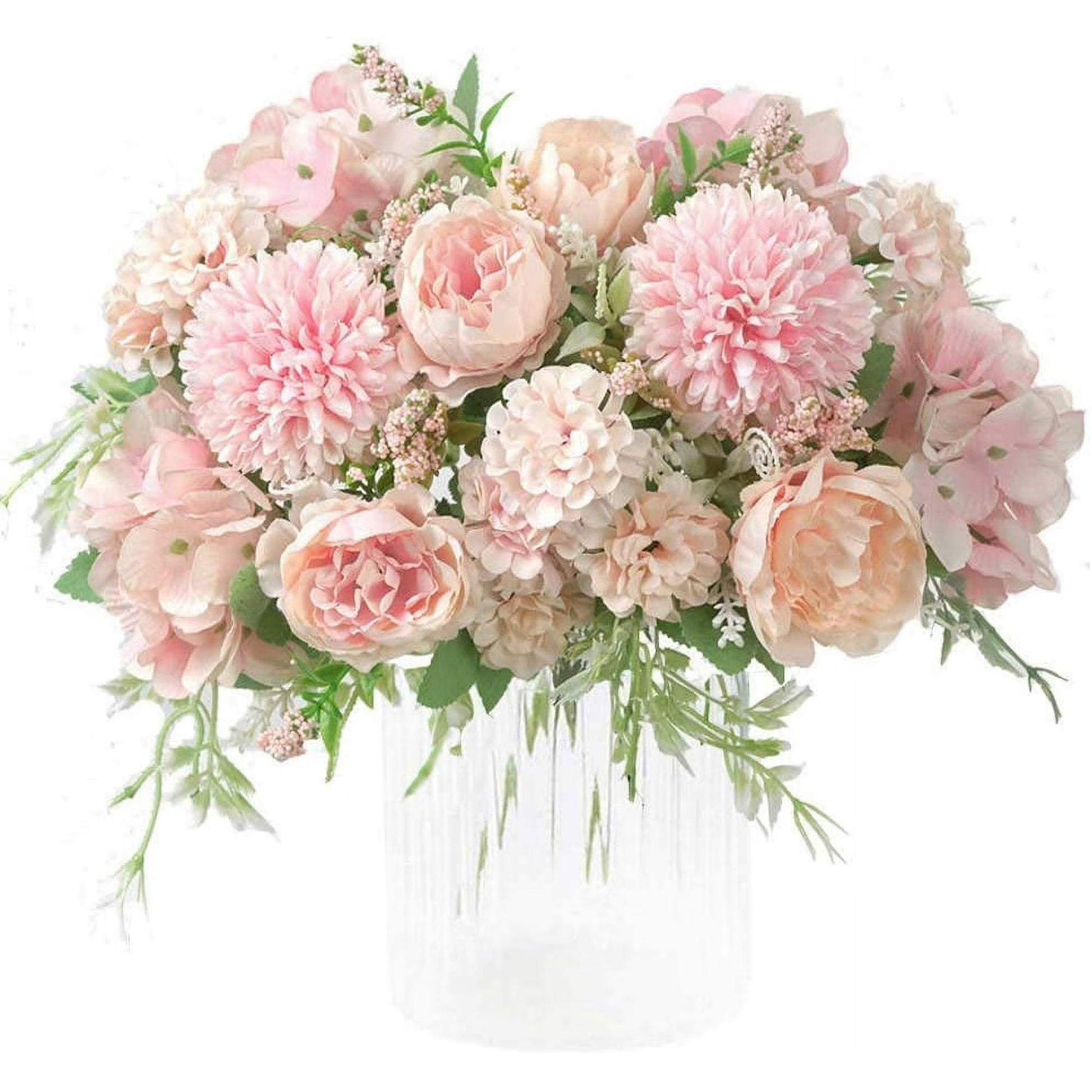 Bouquet of pink and white flowers in a clear vase on a white background