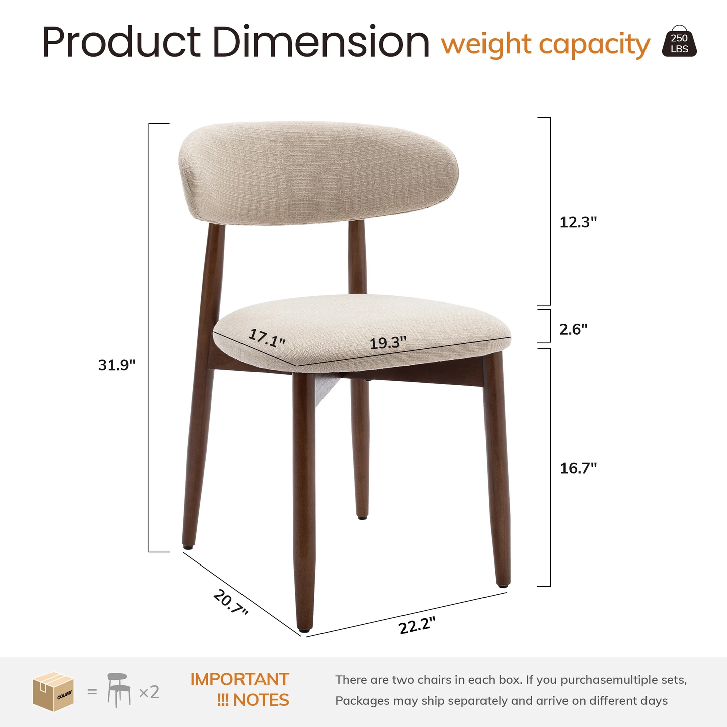 Measurement chart of a chair with dimensions and weight capacity on a white background
