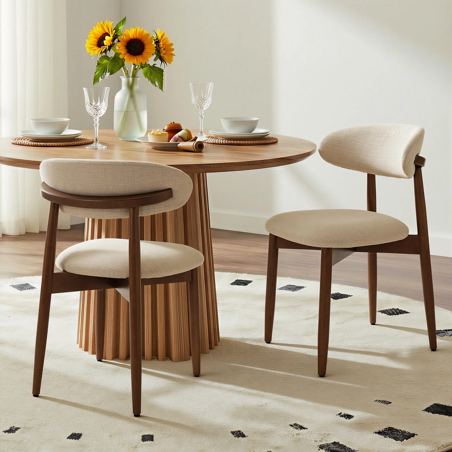 Dining table with chairs and sunflowers in a bright room