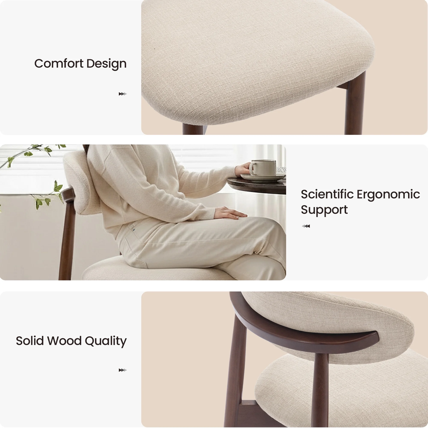Chair with comfort design, scientific ergonomic support, and solid wood quality highlighted.