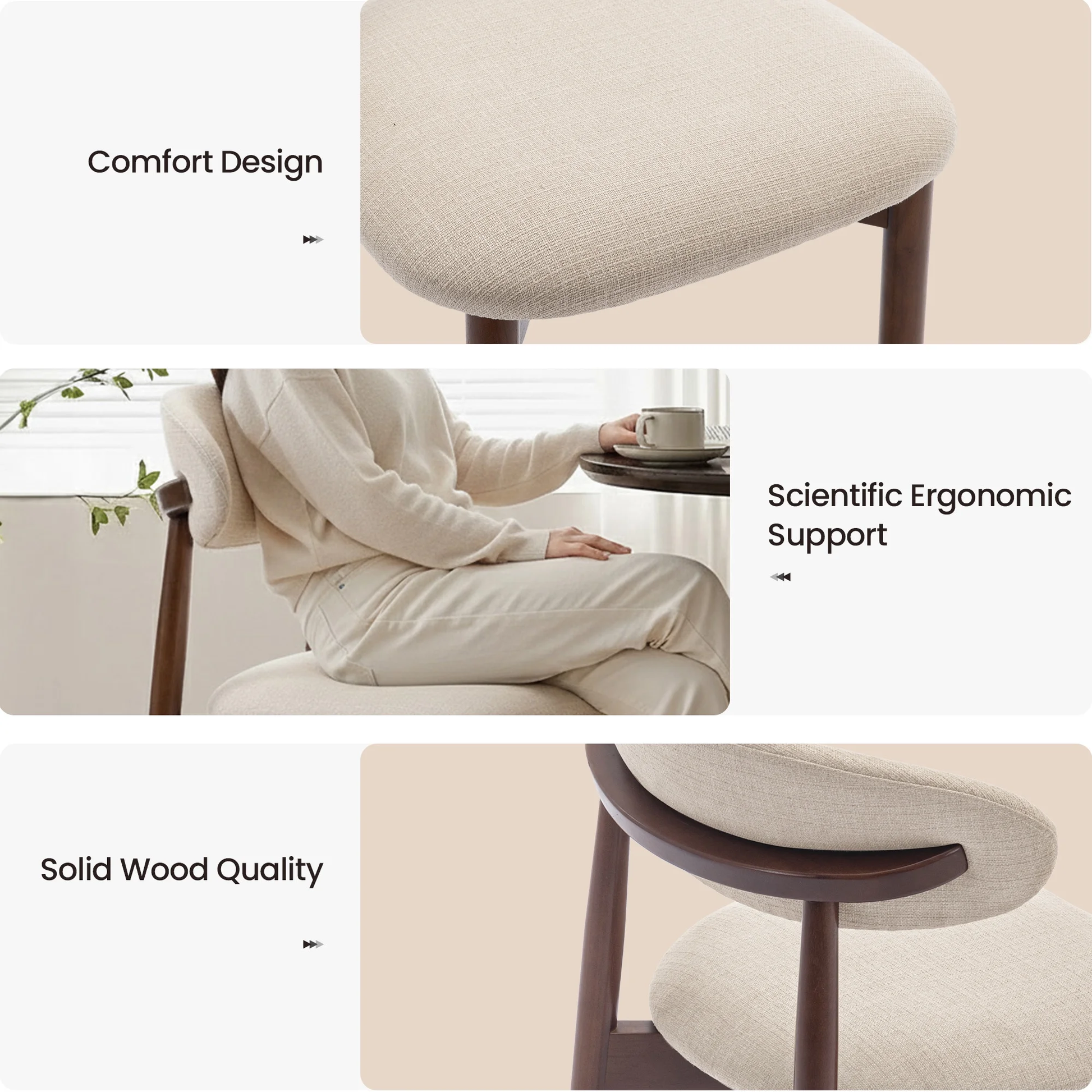 Chair with comfort design, scientific ergonomic support, and solid wood quality highlighted.