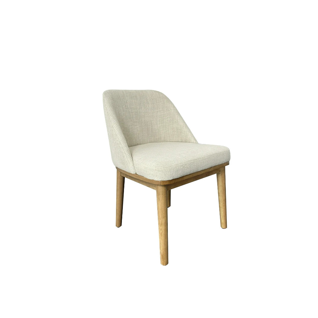 Chair with beige cushioned seat and backrest on a white background